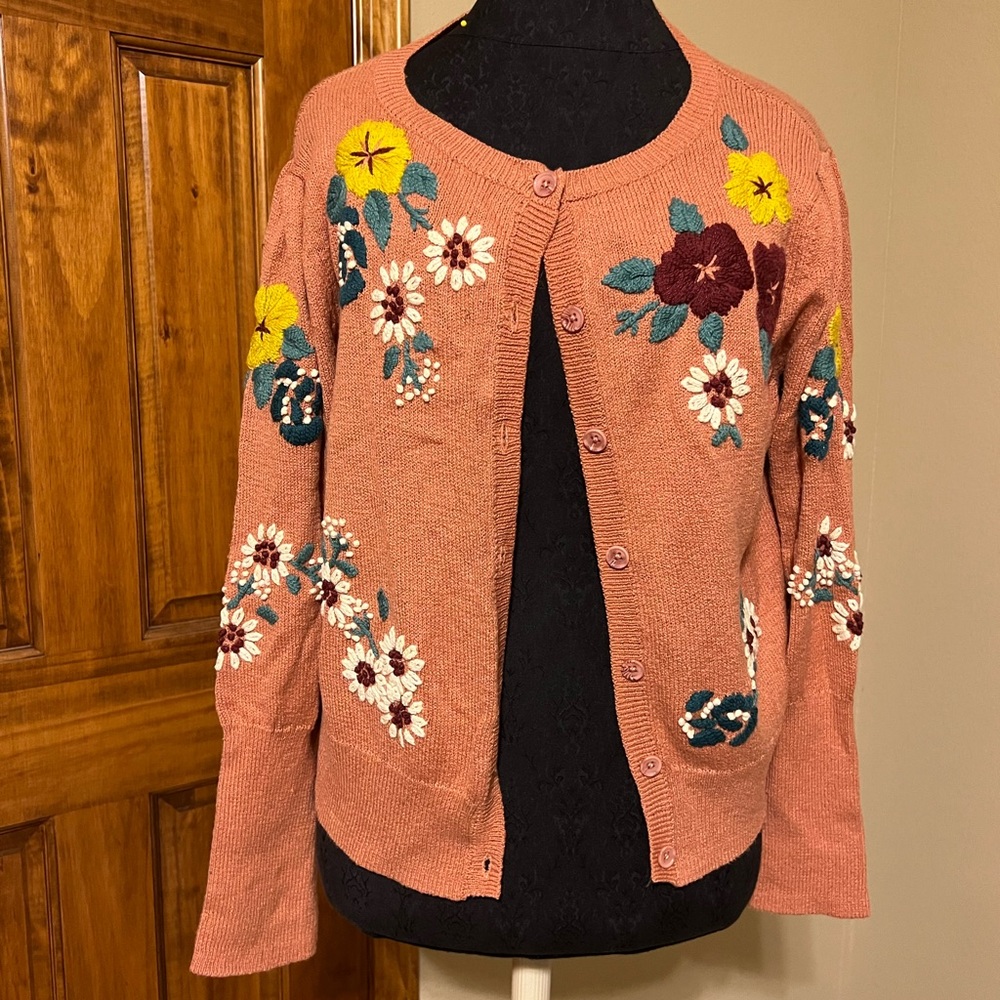 ❤️ Intropia via ASOS Knitted Embroidered Floral Cardigan in Peach Color